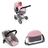 Bayer Chic 2000 3-in-1 Puppenwagen-Set Mika mit Autositz und Wickeltasche, Melange grau-rosa