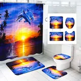 SMchwbc Ozean Delfin Duschvorhang 180x180 180x200 Delfin Fisch Blau Strand Duschvorhänge Set Polyester Delfine Pflanzen Shower Curtains Badezimmerteppich 4-teiliges Set (200 x 240 cm(BxH),9)