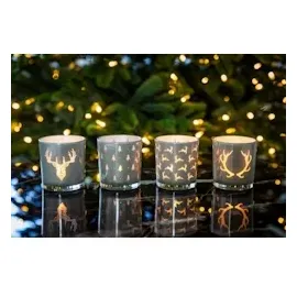 Edzard 2er-Set Teelichtglas Tani (Höhe 8 cm, ø 7 cm) Motiv Tannen, außen grau, Tannen-Motiv