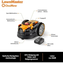 LAWNMASTER OcuMow® Mähroboter kabellos 80 Rasenmäher Roboter mit 2Ah Akku Kompaktmodell Einsteiger-Modell ohne Begrenzungskabel