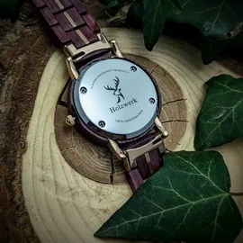 Holzwerk Germany Holzwerk BURSCHEID kleine Damen Holz Armband Uhr in lila braun, gold rot