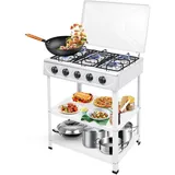 HeinaTond 5 Flammiger Gaskocher Freistehender Campingofen Gasherd Gaskochfeld 5 Brenner für Camping Outdoor Gaskocher Tragbarer Gasherd für Wohnmobil mit Ablageflächen (Weiß, Fünf-Gitter)