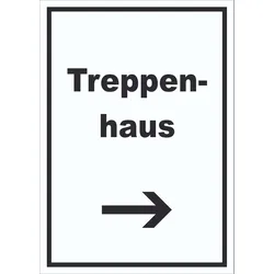 Treppenhaus Schild mit Text und Richtungspfeil rechts Stufen steigen hochkant A4 (210x297mm)
