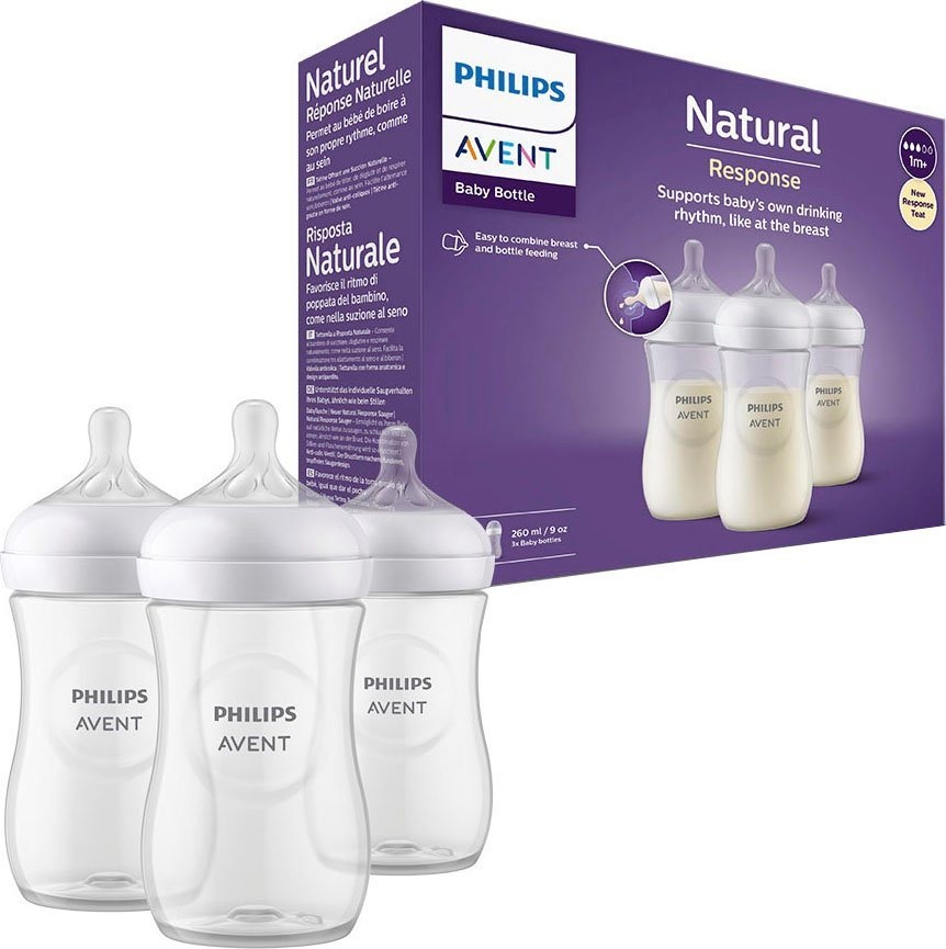 Philips AVENT Babyflasche Natural Response SCY903/03, 3 Stück, 260ml, ab dem 1. Monat weiß