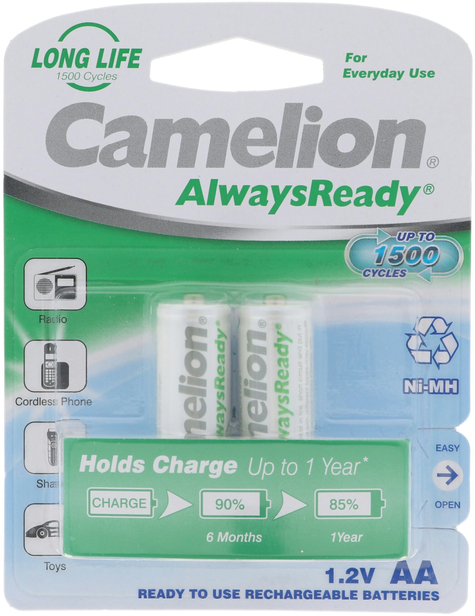Camelion AA, Mignon LR6, HR6, NiMH Akku mit 1,2V 800mAh in 2er Blisterverpackung, Always Ready mit geringer Selbstentladung, Ready to Use Akku