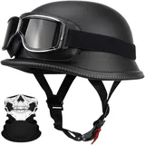 Deutsche Motorrad Jethelm ECE-Zertifizierung, Vintage Halbhelme Halbschalenhelm mit Schutzbrille Chopper Helm für Cruiser Street Scooter mit Schnellverschlussschnallen 22.4-25.2in