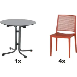 SIENA GARDEN Urban Lights Set 5teilig Square Stuhl gastrotauglich brick mit Tisch Sola Ø80
