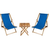 2 x Liegestuhl + Beistelltisch Strandliege Holz Sonnenliege Gartenliege Gartentisch Geölt Blau - Blau