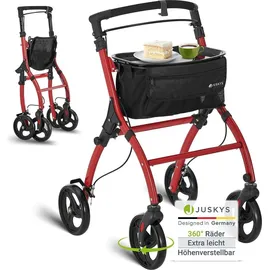 Juskys Aluminium Wohnungsrollator Aktiv mit Tasche und Tablett schmal faltbar rot