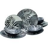 CreaTable Teller-Set Tropicana Set, 12 tlg.), vollflächiger tropischer Blätter Dekor, schwarz