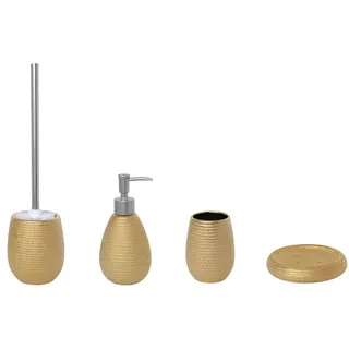 MSV Badezimmer Set, 4-teiliges Badzubehör aus Keramik Oman, Seifenspender, WC Bürste, Seifenschale und Zahnputzbecher Gold