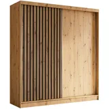 AX Living Schwebetürenschrank, Walnuss, Schwarz, Kunststoff, Teilmassiv,Kiefer, Rechteckig, 200x216.1x61 cm, Hergestellt in Europa, FSC Mix, Reach, Schlafzimmer, Kleiderschränke, Schwebetürenschränke