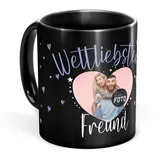 Tassendruck Schwarze Tasse mit Spruch für den weltliebsten Freund - Tasse mit Foto selbst gestalten - Geschenk für Freund, Fotogeschenk Familie | Schwarze Fototasse, 300 ml