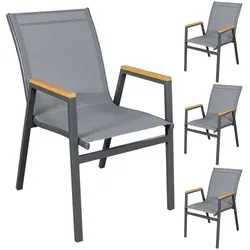 Raburg Gartenstuhl 4er-Set, stapelbar, Aluminium in Anthrazit, Textilene Grau, Armlehnen in Holzoptik, Natur, wetterfest, pflegeleicht, Texas, SenS-Line