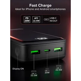 UNIQO Power LCD 20K – Power Delivery 22,5W (PD 3.0 PPS), 20.000mAh Powerbank, LCD-Display, USB-C, USB-A, Schnelllade-Powerbank, Ladegerät für iPhone, Tragbar für Reisen, Schwarz