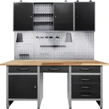 Ondis24 Werkstatt-Set Fritz, (3-tlg), Werkbank mit Lochwand & 2 Werkstattschränken grau|schwarz