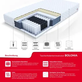 Fdm BOLONIA Taschenfederkernmatratze 160 x 200 cm Latex Matratze 18 cm Höhe Härtegrad H3 (Mittelhart) 7-Zonen Bezug Zweiseitig Abnehmbar Waschbar TFK