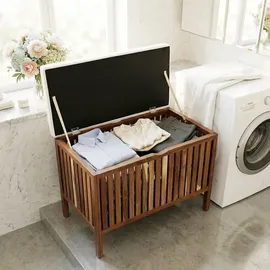 Relaxdays Wäschetruhe mit Sitz, Badbank mit Stauraum, 80 l Wäschesammler, HBT 56x78x39cm, Akazienholz, Stoff, braun/weiß