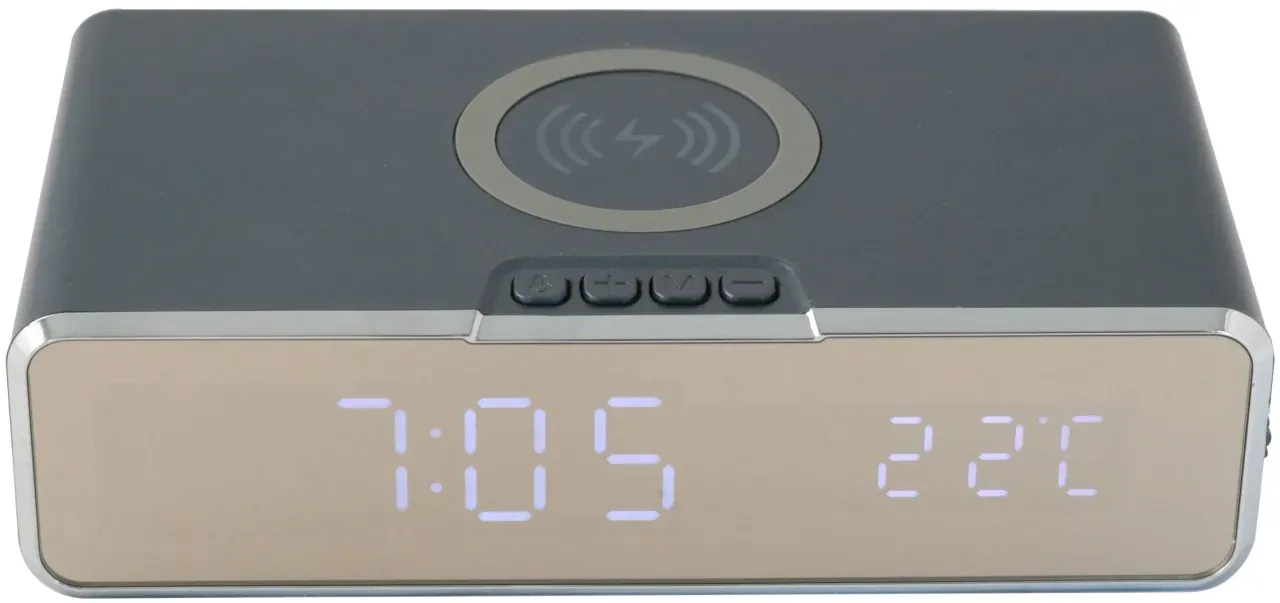 Tischuhr mit kabelloser Smartphone Ladefunktion Temperatur Alarm blau