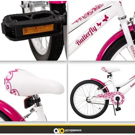 ACTIONBIKES MOTORS Actionbikes Kinderfahrrad Butterfly 20 Zoll Pink, Fahrradständer, Kettenschutz Antirutschgriffe (Weiß/Pink)