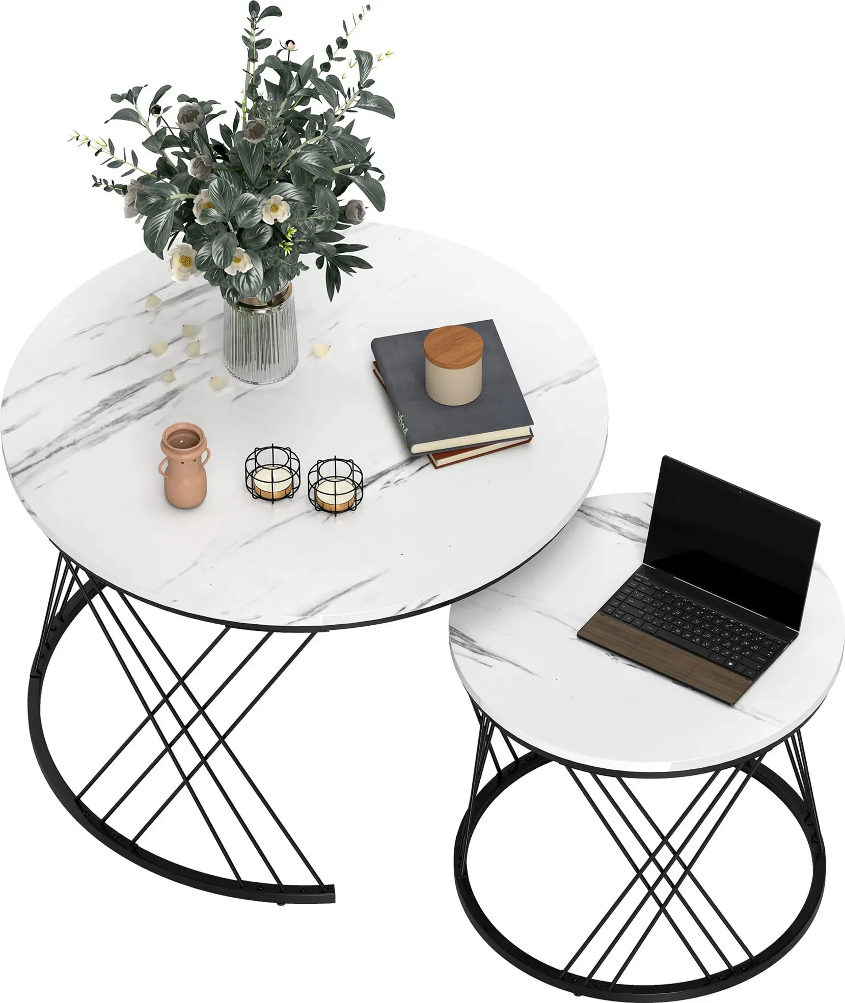 HOMCOM Couchtisch rund 2er Set Beistelltisch mit Marmoroptik, Satztisch Wohnzimmertisch mit Metallrahmen Kaffeetisch für Wohnzimmer Schlafzimmer Weiß   Aosom