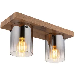 Deckenleuchte Deckenlampe Wohnzimmerlampe Holzoptik Glas Rauchfarbe 2-Flammig