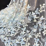 Vayliro 1 Yard Spitzenstoff Breite 155 cm 3D Schmetterling Stickerei Spitze Stoff Einseitiges Floralmuster 75 cm Blumenbereich Dekostoff für DIY Handwerk Hochzeit Kleidung Brautkleider,Blau Aprikose
