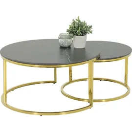 Hela Couchtisch Joel rund 2er Set 80x41/60x37 cm Sintered Stone Mamor-Optik schwarz/goldfarbig