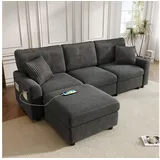 REDOM Sofa mit Fußhocker, mit Stauraum, 2 quadratischen Kissen, 1 USB-Anschluss und 1 Type-C-Anschluss 1 Teile schwarz