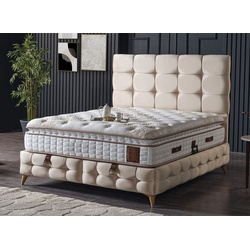Casa Padrino Luxus Doppelbett Creme / Weiß / Braun 180 x 200 cm - Massivholz Bett mit Kopfteil und Matratze - Schlafzimmer Möbel - Hotel Möbel - Luxus Möbel - Luxus Einrichtung