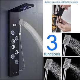 keokbon Duschpaneel Regendusche Edelstahl Schwarz mit LED-Lichter,5 Funktionen Duschsystem mit Handbrause, Massagedusche und Wasserfall Dusche