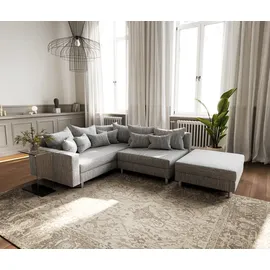 DeLife Ecksofa Clovis Hellgrau Strukturstoff Hocker Armlehne Ottomane Links Modulsofa - Grau/Hellgrau