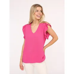 Kurzarmbluse ZWILLINGSHERZ ""Giselle"", Damen, pink (fuchsia), Obermaterial: 100% Baumwolle, unifarben, modisch, bequem hüftlang, V-Ausschnitt, Kurzarm, Blusen, tiefer V-Ausschnitt, Rüschenärmel, Baumwolle