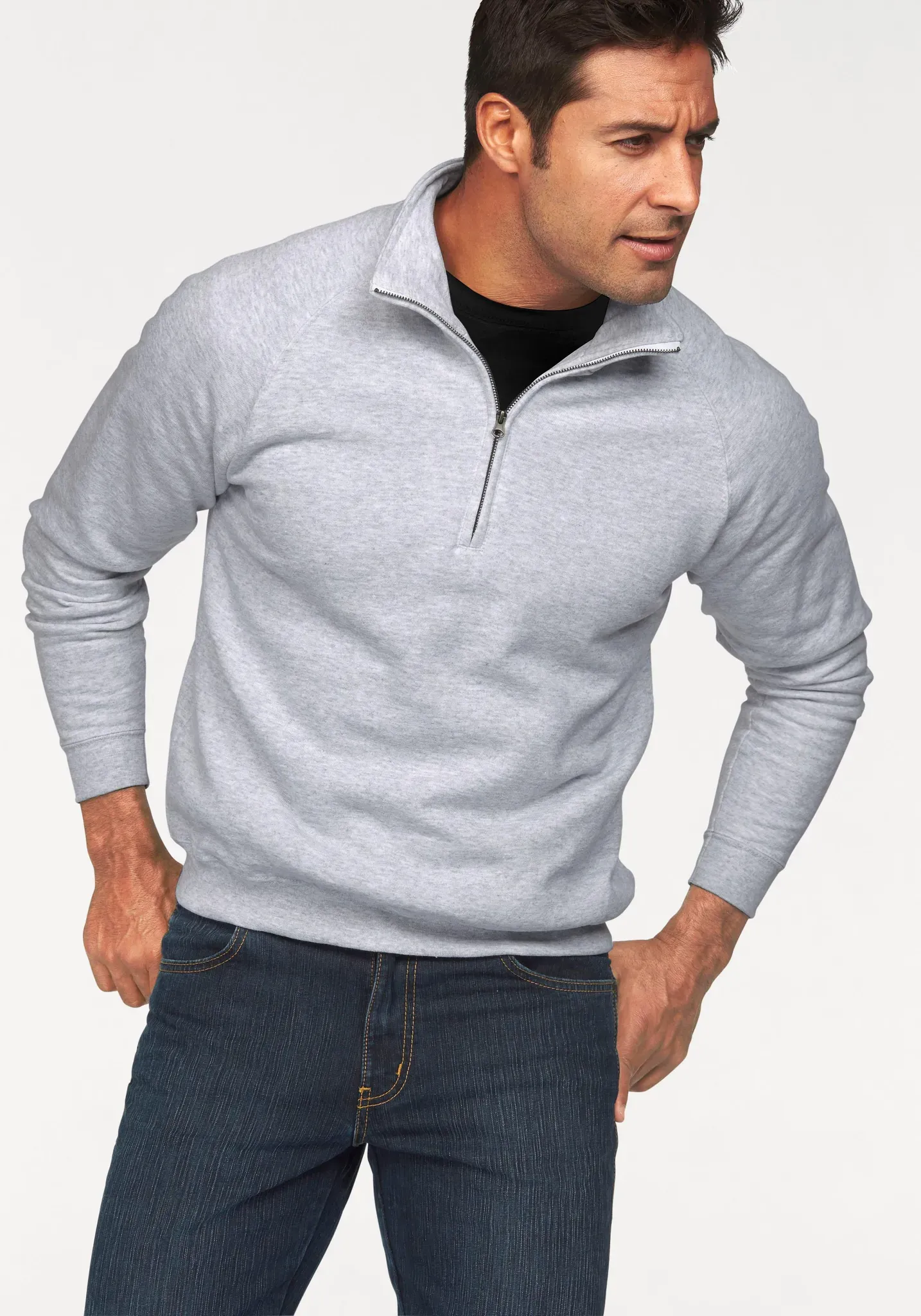 Sweatshirt FRUIT OF THE LOOM, Herren, Gr. M (48/50), grau (hellgrau), angeraute Sweatware, Obermaterial: 80% Baumwolle, 20% Polyester, unifarben, Basic, schmal, ohne Ausschnitt, Raglanärmel Rippbündchen, Sweatshirts Sweatshirt, mit Reißverschluss