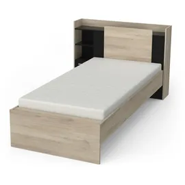 Demeyere Lit 90x190/200 Avec Rangement 1 Porte 3 Niches 1 tiroir – Noir Mat und Chêne Clair -124,5 x 226,9 x 90,5 cm, Eichenbürste/Mattschwarz, Eichenbürste/Mattschwarz