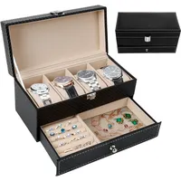 Dadabig Uhrenbox mit Deckel, doppellagige Uhrenbox mit 6 Fächern mit Schublade für Damen und Herren, Schwarz