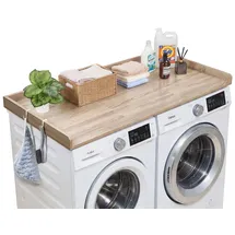 Vevor Arbeitsplatte für Waschmaschine & Trockner (137 x 69,9 cm) mit Erhöhtem Rand & Haken, 113 kg Belastbar, Eichenoptik