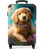 NoBoringSuitcases.com© Kinderkoffer Welpe - Blumenkranz - Schmetterling - Hund - Golden Retriever 55x35x20, 4 Rollen, Reisetasche mit Rollen, Koffer Handgepäck Flugzeug blau|bunt 35 cm x 55 cm x 20 cm
