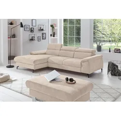 Polstergarnitur COTTA "Komaris L-Form", beige, B:242cm, Sitzmöbel-Sets, Set bestehend aus: Ecksofa mit Kopfteilverstellung & Hocker