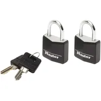 Master Lock 9120EURTBLK 2-er Set Vorhängeschloss mit Schlüssel aus Aluminium mit Vinylabdeckung, Schwarz, 2 x 3,4 x 1,4 cm