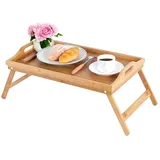 Betttablett Bambus Frühstückstablett fürs Bett Tragbare Beistelltisch mit Griffen Klappbar Bett Tablett Serviertablett Tabletttisch mit Tragegriffen TV Tablett Tisch, 63 x 27,3 x 22,5 cm