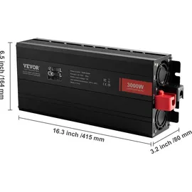 Vevor Sinus-Wechselrichter 3000 W DC 12 V AC 230 V LCD-Display Wechselrichter mit 3 AC-Steckdosen 2 USB-Anschlüssen 1 Typ-C-Anschluss 10 Ersatzsicherungen für große Haushaltsgeräte