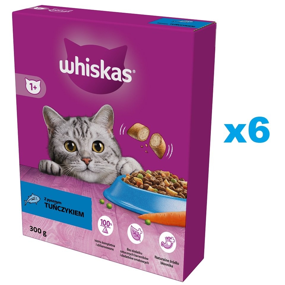 WHISKAS Adult 6x300g Trockenfutter für ausgewachsene Katzen mit leckerem Thunfisch