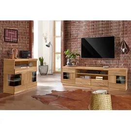 OTTO home Kommode OTTO HOME "Ribe 85cm breit,35 cm tief, Fronten Massivholz,2 Türen mit Glaseinsatz", braun (eiche teilmassiv), B:85cm H:80cm T:35cm, Holz teilmassiv, Sideboards, Kommode, Holz massiv, Holzwerkstoff,3 breite Fächer