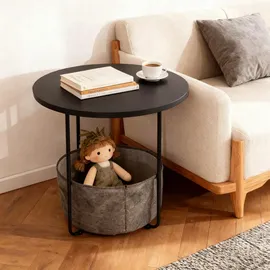 Relaxdays Beistelltisch, runder Couchtisch, mit Stoffkorb, HD 50x45cm, Kaffeetisch Wohnzimmer, MDF, Metall, schwarz-grau