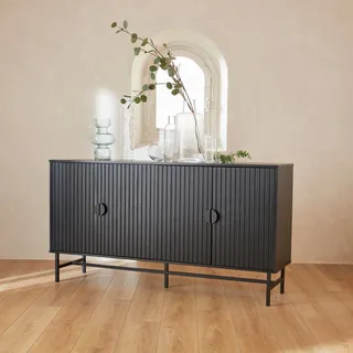 sweeek Anrichte mit geriffeltem Holzdekor in schwarz viertürig, 157,5 cm - Bazalt