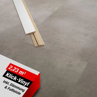 LaminatDEPOT Klick Vinylboden mit Trittschalldämmung & Sockelleiste [2,23 m2] - wasserfester Vinyl Bodenbelag mit Klicksystem - 12 Dielen in Beton-Fliesenoptik [Cilo Roof]