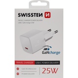 Swissten GaN Travel Charger USB-C 25W Power Delivery (25 W, Power Delivery), USB Ladegerät, Weiss