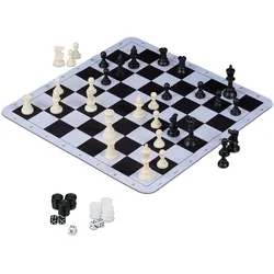 Relaxdays 3-in-1 Reisespiel: Schach, Backgammon und Dame zum Aufrollen mit Tragetasche (50,5 x 50,5 cm) – Schwarz-Weiß