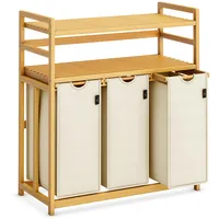 Tiklife 150L Wäschekorb 3 Fächer Wäschebox 2 Regale ausziehbarer und abnehmbarer Wäschesack Bambus Wäschesortierer Laundry Basket Beige